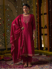 Pink Silk Blend Zari Sequence Mirror Embroidery With Jacquard Work Kurta With Pant And Dupatta Set