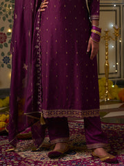 Wine Silk Blend Zari Sequence Mirror Embroidery With Jacquard Work Kurta With Pant And Dupatta Set