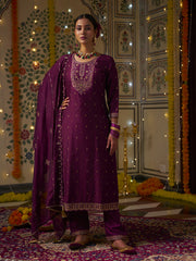 Wine Silk Blend Zari Sequence Mirror Embroidery With Jacquard Work Kurta With Pant And Dupatta Set