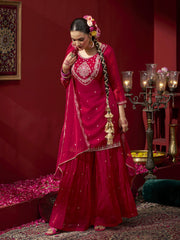 Pink Georgette Zari Sequence Embroidered Kurta with Palazzo and Dupatta Set