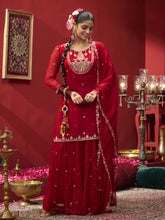 Red Embroidered Kurta Set with Dupatta & Plazzo