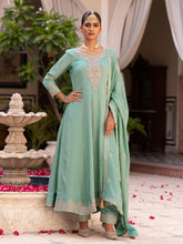 Blue Chinon Zari Sequence Thread Embroidered and Cording With Mirror Work Anarkali Kurta With Pant And Dupatta Set