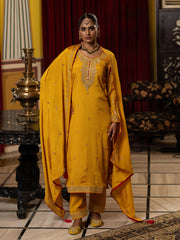 Yellow Chinon Zari Sequence Embroidered and Cording Kurta With Pant And Dupatta Set