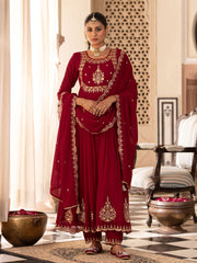 Maroon Georgette Zari Sequence Thread Embroidered With Mirror Work Kurta With Pant And Dupatta Set