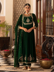 Green Georgette Zari Sequence Thread Embroidered With Mirror Work Kurta With Pant And Dupatta Set