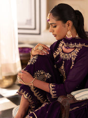 Wine Georgette Zari Sequence Thread Embroidered With Mirror Work Kurta With Pant And Dupatta Set