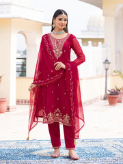 Red Chiffon Zari Sequence Thread Embroidered Kurta With Pant And Dupatta Set