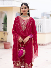 Red Chiffon Zari Sequence Thread Embroidered Kurta With Pant And Dupatta Set