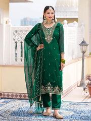 Green Embroidered Kurta Set with Dupatta & Pants