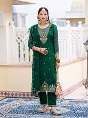 Teal Green Chiffon Zari Sequence Thread Embroidered Kurta With Pant And Dupatta Set