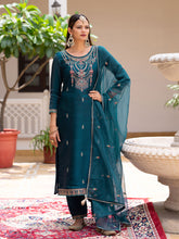 Teal Silk Zari Sequence Thread Embroidered and Cording Kurta With Pant And Dupatta Set