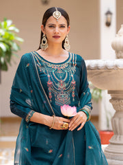 Teal Silk Zari Sequence Thread Embroidered and Cording Kurta With Pant And Dupatta Set