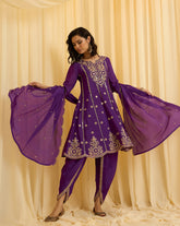 Purple Embroidered Short Anarkali and Dhoti Pant Set