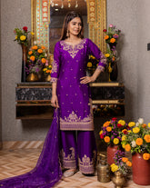 Purple Vichitra Zari Sequence Embroidered Kurta With Palazzo And Dupatta Set