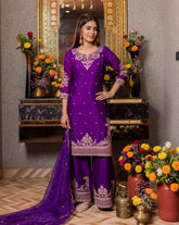 Purple Embroidered Kurta Set with Palazzo & Dupatta