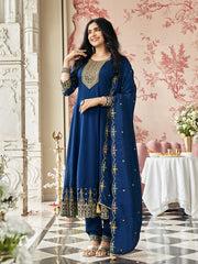 Navy Blue Vichitra Zari Sequence Embroidered Coding With Mirror Work Kurta With Pant And Dupatta Set