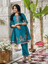 Teal Blue Embroidered Short Kurta and Flared Palazzo Set
