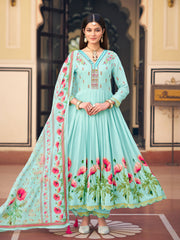 Pastel Blue Floral Anarkali Suit with Dupatta