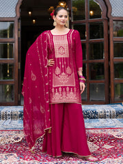Magenta Silk Blend Jacquard With Khatli Work Kurta With Palazzo And Dupatta Set