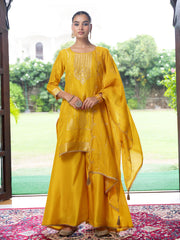 Yellow Silk Blend Jacquard With Khatli Work Kurta With Palazzo And Dupatta Set