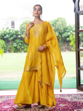Yellow Silk Blend Jacquard With Khatli Work Kurta With Palazzo And Dupatta Set