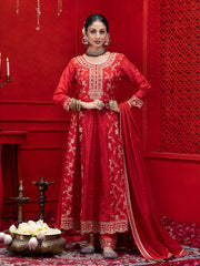 Red Silk Blend Zari Sequence Thread Embroidered Coding With Mirror Work Kurta With Pant And Dupatta Set