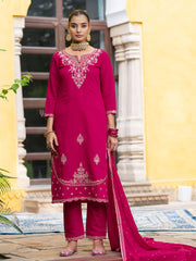Red Silk Blend Zari Sequence Thread Embroidered With Mirror Work Kurta With Pant And Dupatta Set