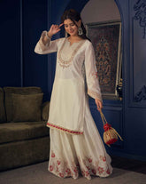White Embroidered Short Kurta and Flared Palazzo Set