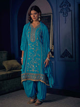 Azure Blue Embroidered Short Kurta and Afghan Pant Set