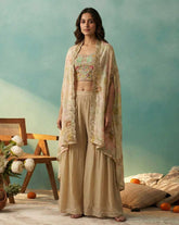 Pastel Beige Floral Crop Top with Palazzo and Embroidered Cape Set