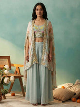 Pastel Blue Floral Crop Top with Palazzo and Embroidered Cape Set