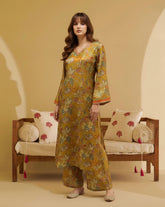 Yellow Floral Print Kurta and Trouser Set