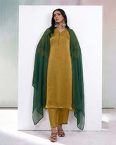 Mustard Gold Silk Kurta Set with Emerald Green Dupatta