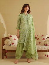 Lime Green Geometric Print Short Kurta and Afghan Pant Set