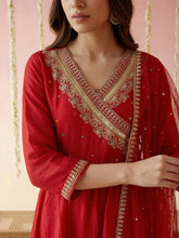 Red Embroidered Angrakha Kurta with Trousers and Dupatta Set