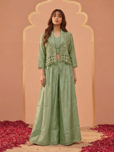 Sage Green Bead Embroidered Jacket with Crop Top and Palazzo Set