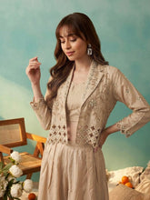 Beige Bead Embroidered Jacket with Crop Top and Palazzo Set