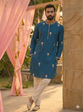 Men's Teal Blue Embroidered Kurta with Black Pant Set