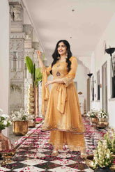 Elegant Mustard Yellow Anarkali Kurti, Paijama & Dupatta Set with Intricate Embroidery