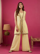 Pastel Yellow Yellow Embroidered Sleeveless Jacket and Palazzo Set