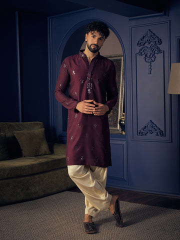 Chhaap Wine Sequence Thread Embroidered Mens Kurta Set