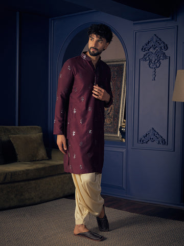 Chhaap Wine Sequence Thread Embroidered Mens Kurta Set