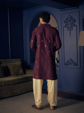 Chhaap Wine Sequence Thread Embroidered Mens Kurta Set