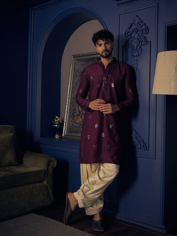 Chhaap Wine Sequence Thread Embroidered Mens Kurta Set