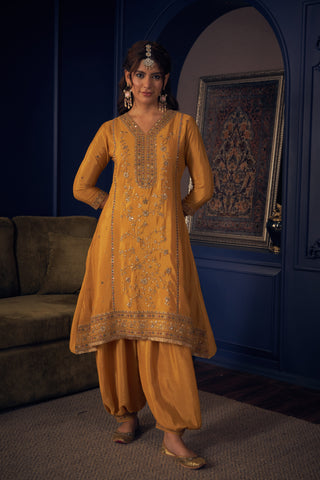 Mustard Yellow Embroidered Short Kurta and Afghan Pant Set
