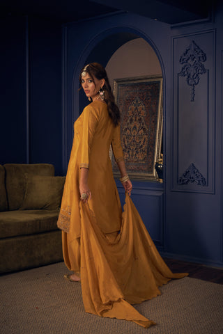 Mustard Yellow Embroidered Short Kurta and Afghan Pant Set