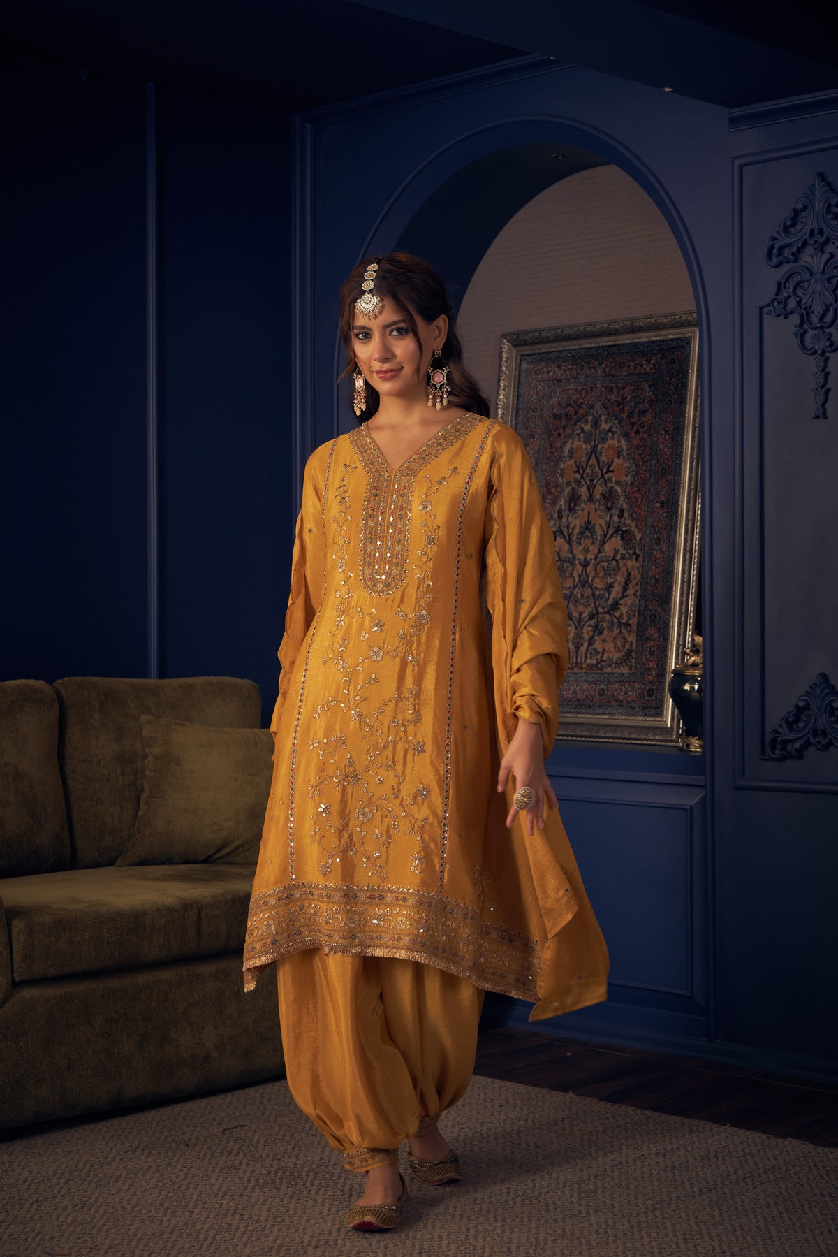 Mustard Yellow Embroidered Short Kurta and Afghan Pant Set