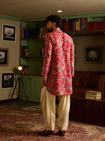 Chhaap Red Silk Blend floral and foliage printed Mens Kurta Set