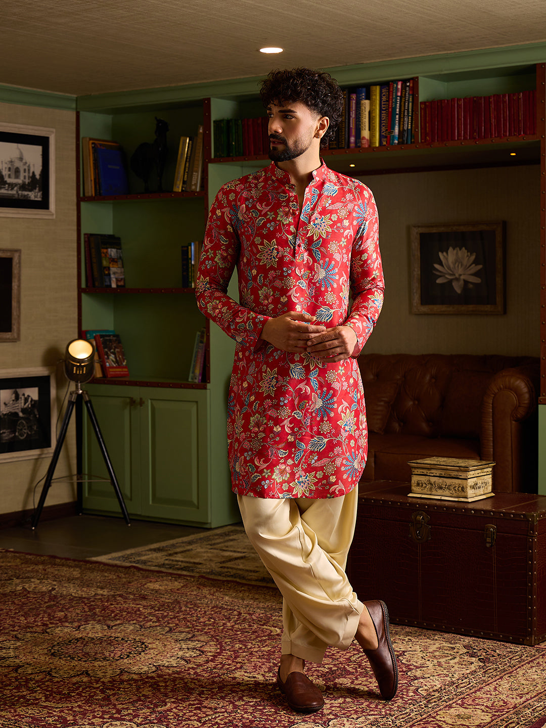 Chhaap Red Silk Blend floral and foliage printed Mens Kurta Set