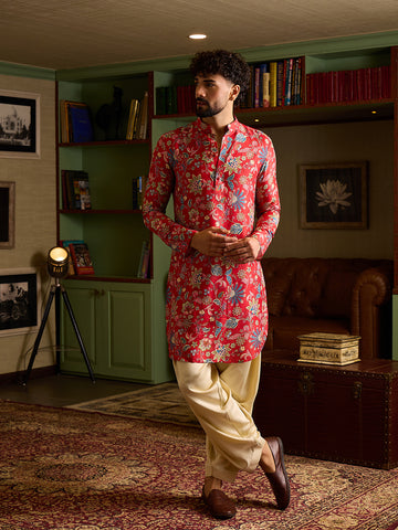 Chhaap Red Silk Blend floral and foliage printed Mens Kurta Set